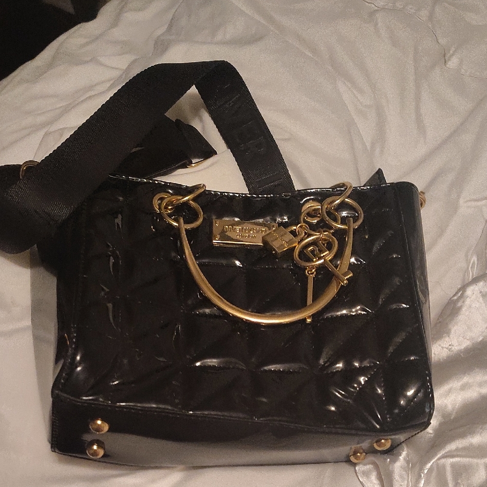 River Island Black Patent Shoulder Bag with Gold Hardware